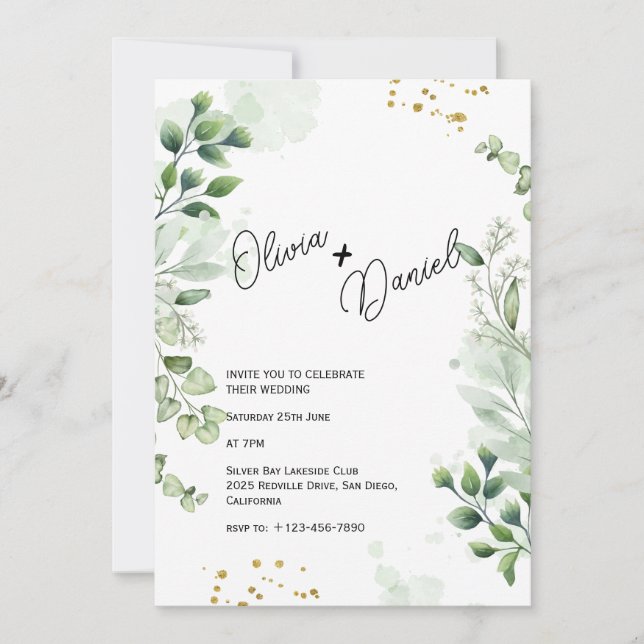 Modern Greenery Typography Wedding Invitation (Front)
