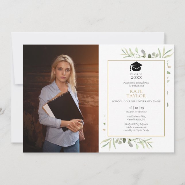 Modern Greenery Watercolor Graduation Party Photo Invitation (Front)