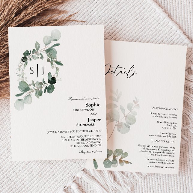 Modern Greenery White Monogram All In One Wedding Invitation (Creator Uploaded)