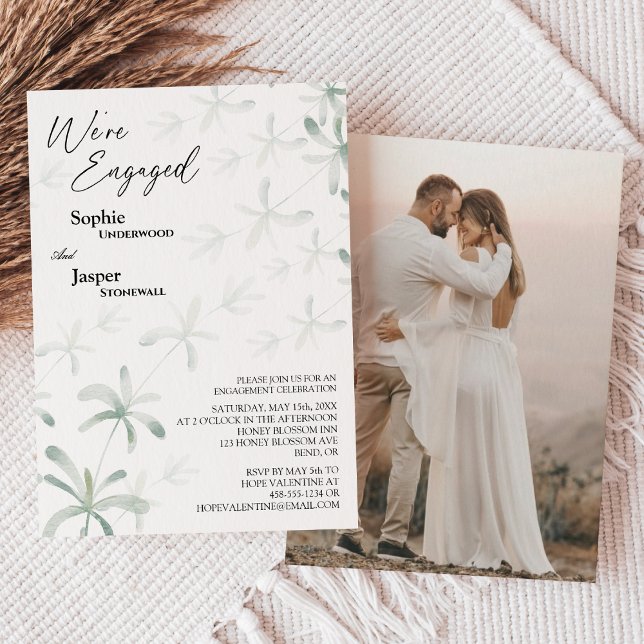 Modern Greenery White Photo We're Engaged Invitation (Creator Uploaded)