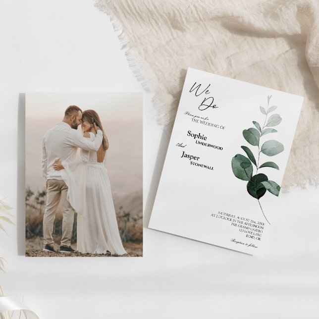 Modern Greenery White We Do Photo Wedding Invitation (Creator Uploaded)