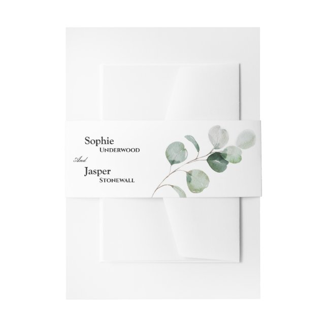 Modern Greenery White Wedding Invitation Belly Band (Front Example)
