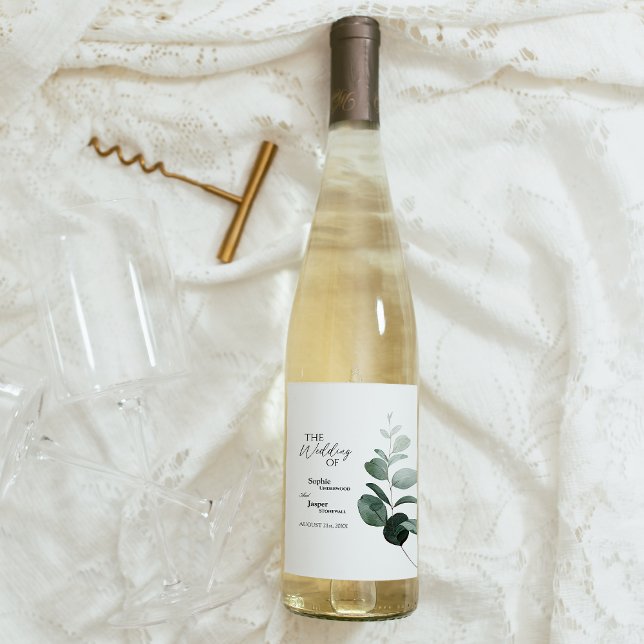Modern Greenery White Wedding Wine Label (Creator Uploaded)