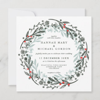 Modern greenery wreath holiday invitation