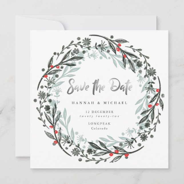 Modern greenery wreath holiday Save the Date Card (Front)