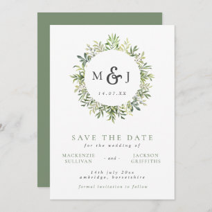 Modern Greenery Wreath Monogram Wedding Save The Date