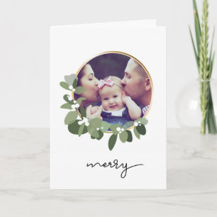 Modern Greenery Wreath Photo Merry Christmas Holiday Card