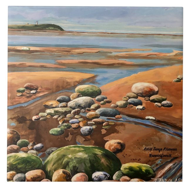 Modern  Greens/Browns Seashore Ocean Scene Ceramic Tile (Front)