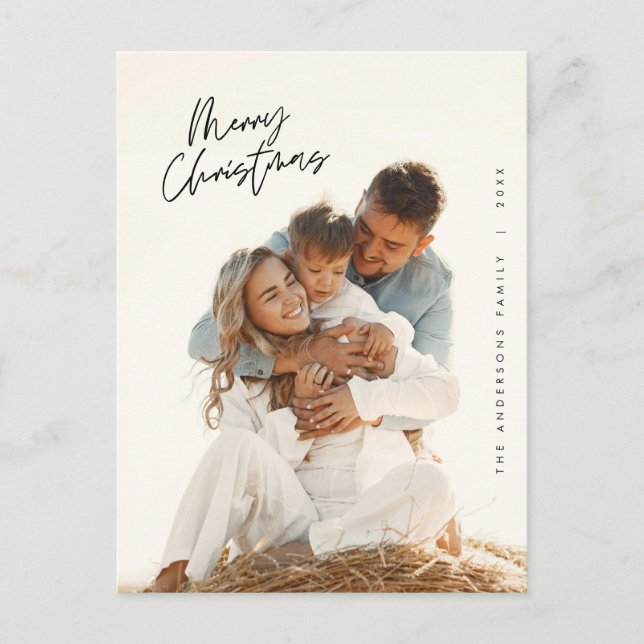 Modern Greeting, Merry Christmas Family Photo Postcard (Front)