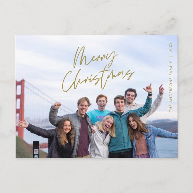 Modern Greeting, Merry Christmas Family Photo Postcard (Front)