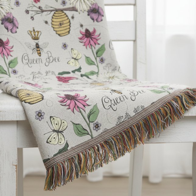 Modern Greige Mothers Day Queen Bee and Flowers Throw Blanket (Elegant Nature Hand Drawn Botanical Bee Blankets. Pretty Queen Bee Wildflower Floral Pattern)
