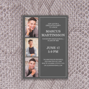 Modern Grey 3 Photo Graduation Party Invitation