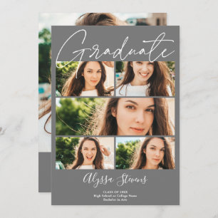 Modern grey 6 photos grid collage graduation announcement