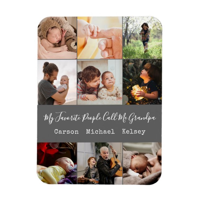 Modern Grey 9 Photo Collage for Grandpa Magnet (Vertical)