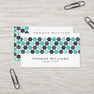 Modern grey and aqua blue hexagon border business card