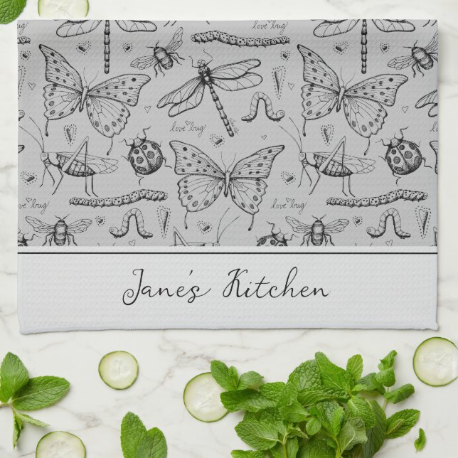 Modern Grey and Black Chef's Kitchen Insect  Tea Towel (Folded)