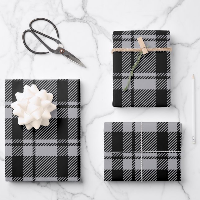 Modern Grey and Black Tartan Plaid Wrapping Paper Sheet (Front)