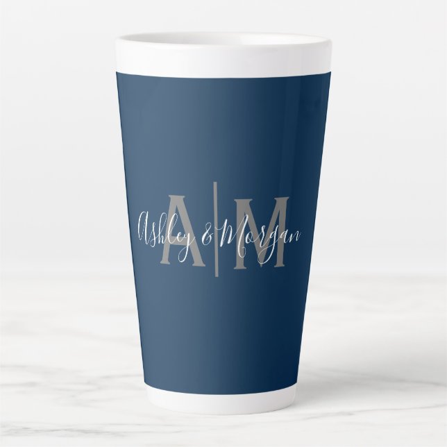 Modern Grey and Blue Couple's Monogram Latte Mug (Front)
