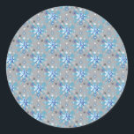 Modern grey and blue Holiday Snowflakes pattern Classic Round Sticker<br><div class="desc">Modern blue and white Holiday Snowflakes pattern on a grey backdrop. Need more? Check out other holiday designs at my store! Cheers! :)</div>