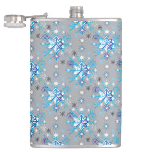 Modern grey and blue Holiday Snowflakes pattern Hip Flask