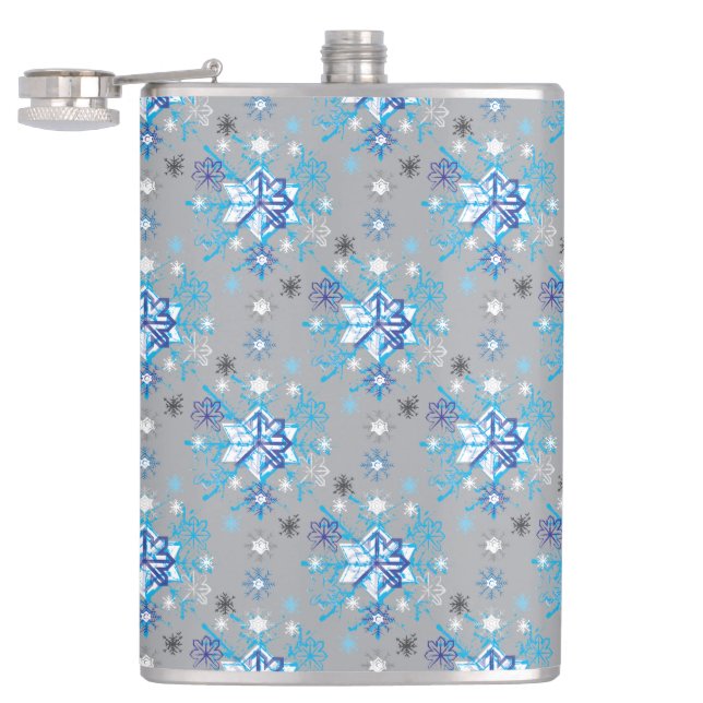 Modern grey and blue Holiday Snowflakes pattern Hip Flask (Opened)