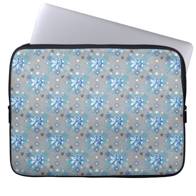 Modern grey and blue Holiday Snowflakes pattern Laptop Sleeve (Front)
