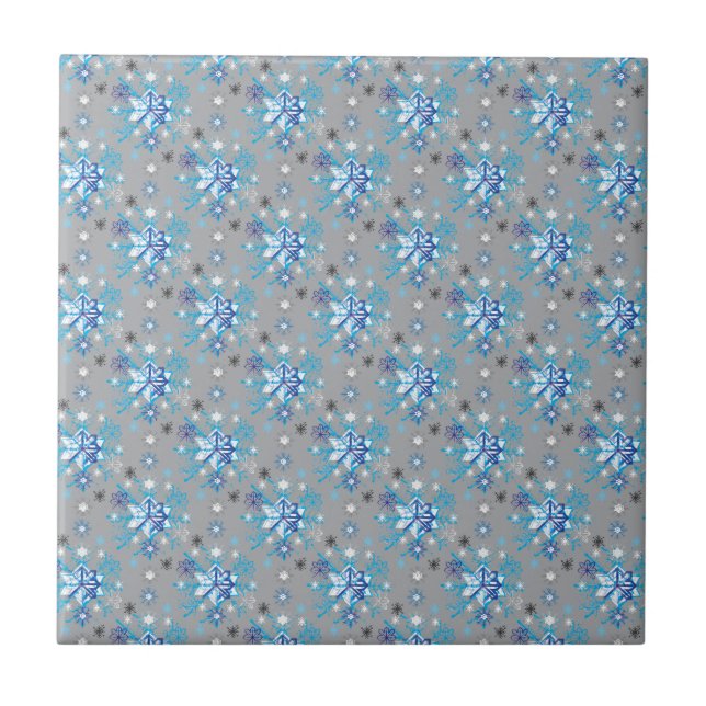 Modern grey and blue Holiday Snowflakes pattern Tile (Front)