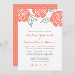 Modern Grey and Coral Rose Wedding Invitations