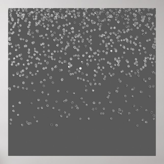 Modern Grey and Faux Silver Glitter Confetti Poster (Front)