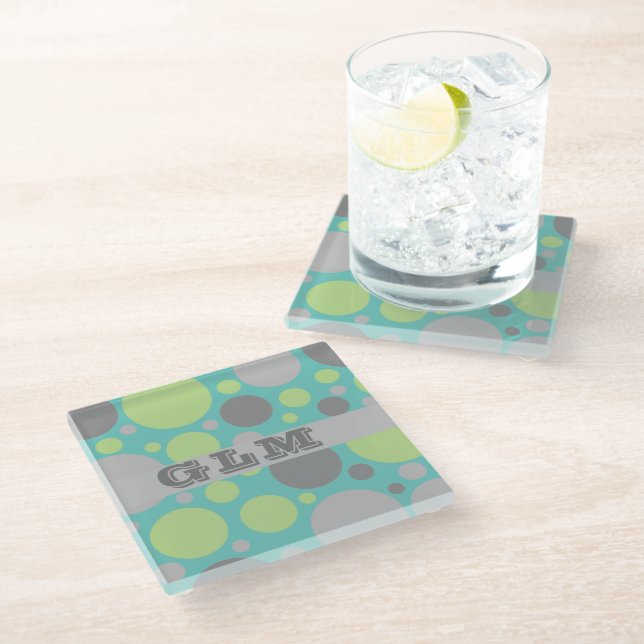 Modern Grey and Green Bubbles Monogram Glass Coaster (Angled)