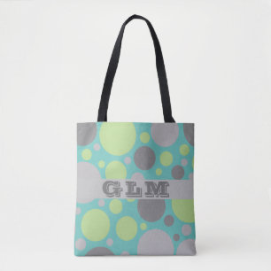Modern Grey and Green Bubbles Monogram Tote Bag