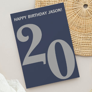 Modern Grey and Navy Blue Men 20th Birthday Card