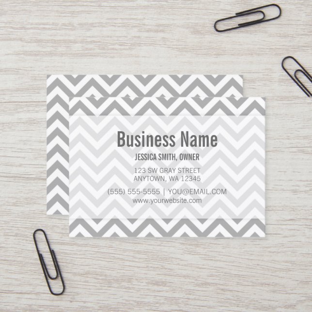 Modern Grey and White Chevron Pattern Business Card (Front/Back In Situ)