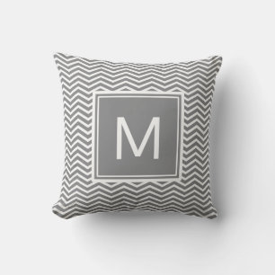 Modern Grey and White Chevrons With Monogram Cushion