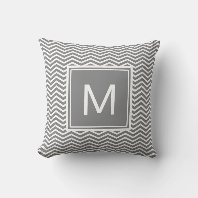 Modern Grey and White Chevrons With Monogram Cushion (Front)