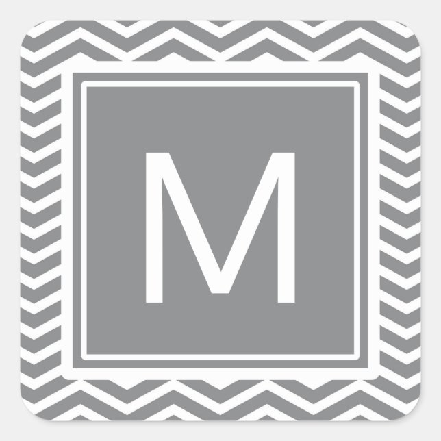 Modern Grey and White Chevrons With Monogram Square Sticker (Front)
