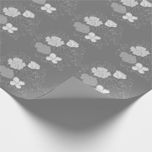 Modern Grey and White Floral Pattern  Wrapping Paper (Corner)