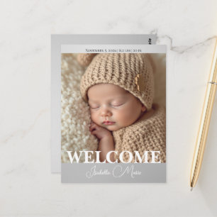 Modern Grey and White Photo Birth Announcement Postcard