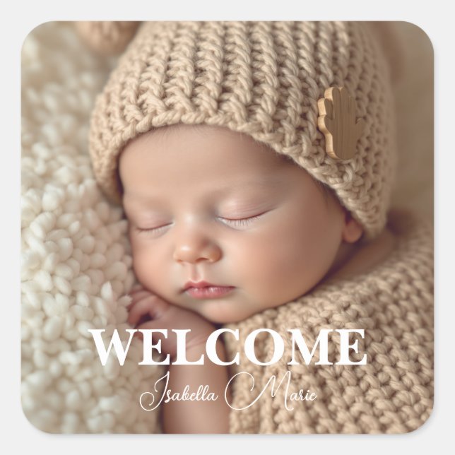  Modern Grey and White Photo Birth Announcement Square Sticker (Front)