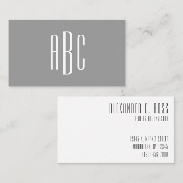 Modern Grey and White Simple Three Letter Monogram Business Card (Front/Back)