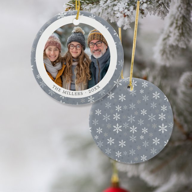 Modern Grey and White Snowflakes Photo  Ceramic Ornament (Modern Grey and White Snowflakes Photo Ceramic Ornament)