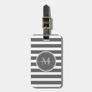 Modern Grey and White Stripes Monogram Name Luggage Tag