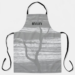 Modern Grey and White Tree Branch Monogram Apron