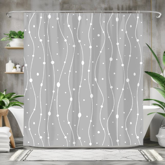 Modern Grey and White Wavy Lines and Dots Shower Curtain (Creator Uploaded)