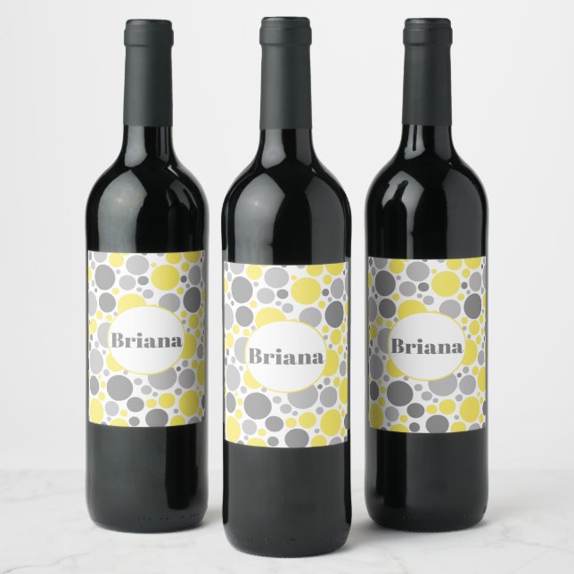 Modern Grey and Yellow Bubbles Personalised Wine Label (Bottles)