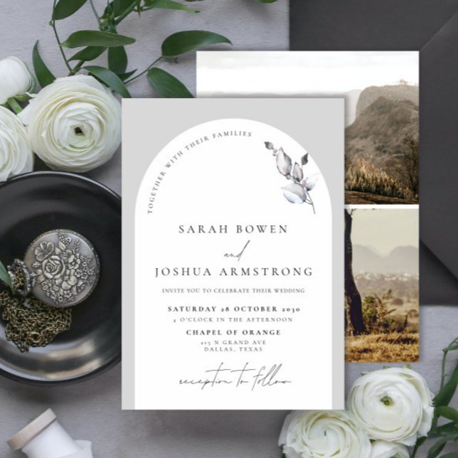 Modern Grey Arch Botanical Script 2 Photo Wedding Invitation (Creator Uploaded)