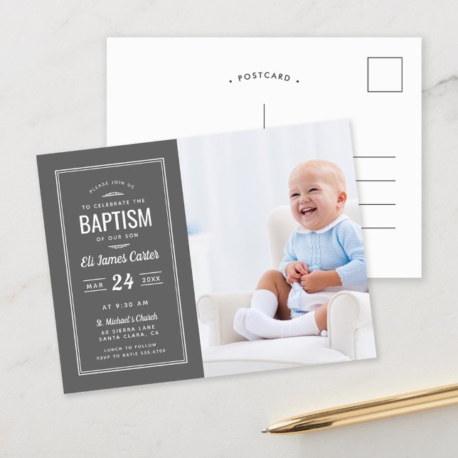 Modern Grey Baby Boy Photo Baptism Postcard (Creator Uploaded)