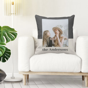 Modern Grey & Beige Photo Family Name Cushion