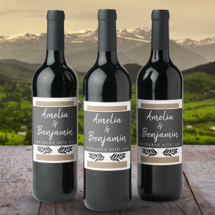Modern Grey Beige Twigs Script Wedding Wine Label
