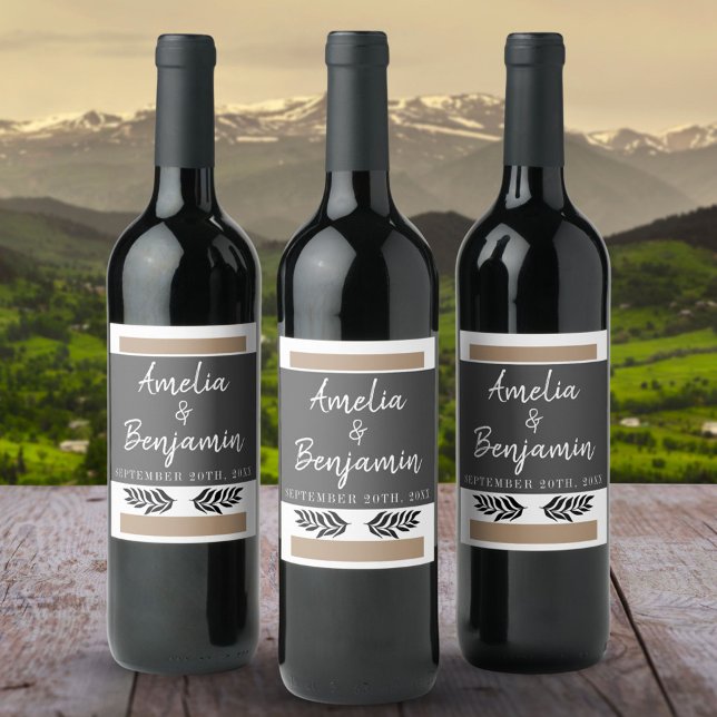 Modern Grey Beige Twigs Script Wedding Wine Label (Creator Uploaded)
